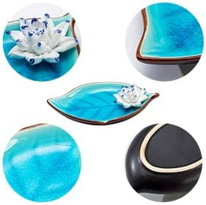 Incense Holder for Sticks-Ceramic Decorative Lotus Incense Burner Leaf-Incense Ash Catcher Tray Sky Blue