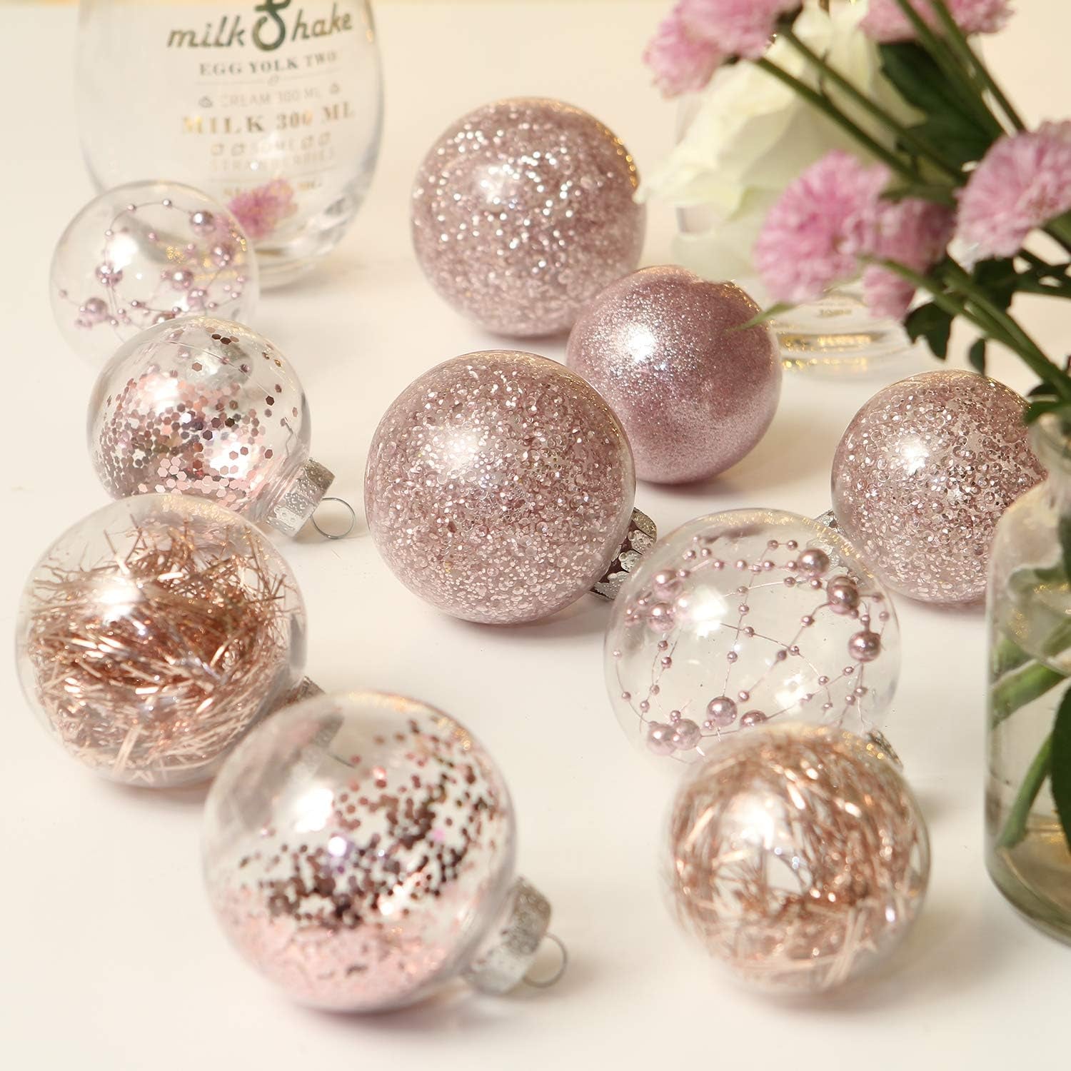 Shatterproof Clear Plastic Christmas Ball Ornaments Decorative Xmas Balls Baubles Set with Stuffed Delicate Decorations (70Mm/2.76 Inch 24-Pack, Pinkish Gold)