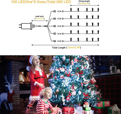 500 LED White Christmas Lights Outdoor Indoor, Green Wire Christmas Tree Lights Plug In, 8 Modes Waterproof White String Lights for Xmas Wedding Party Garden