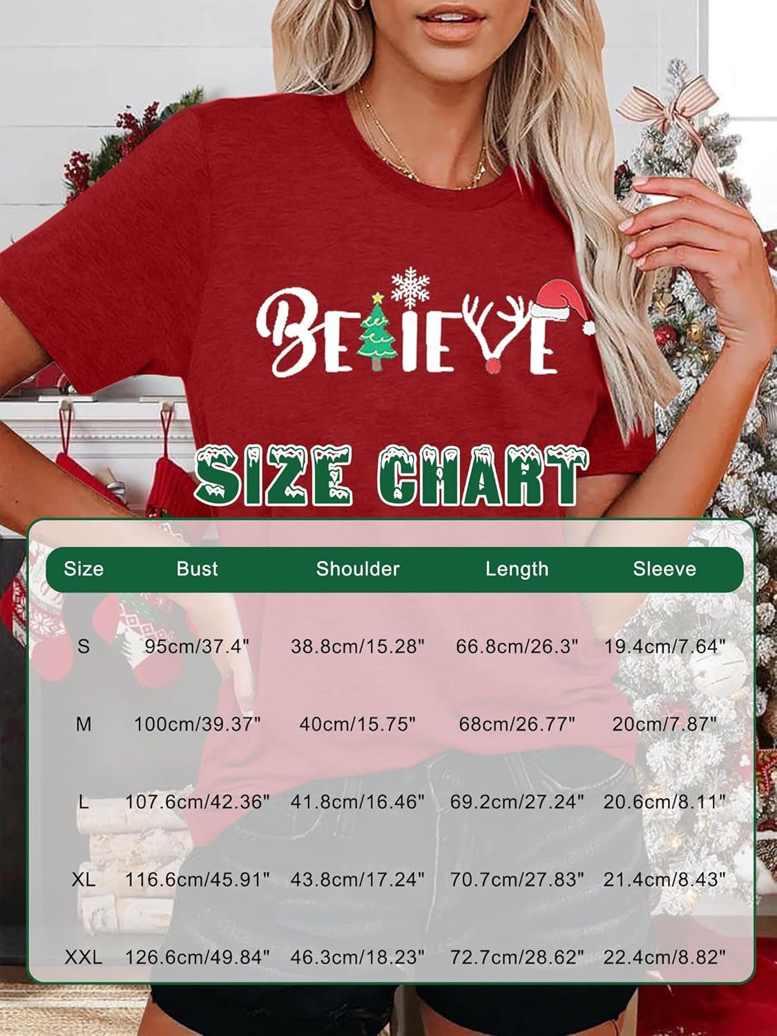 Christmas Shirt for Women Believe Letter Print T Shirts Xmas Holiday Short Sleeve Pullover Tops Christmas Vacation Tee Shirts