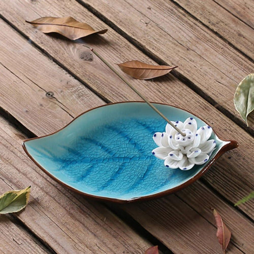 Incense Holder for Sticks-Ceramic Decorative Lotus Incense Burner Leaf-Incense Ash Catcher Tray Sky Blue