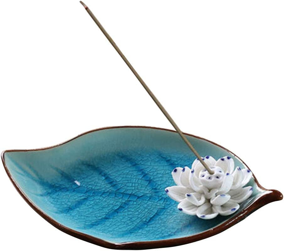 Incense Holder for Sticks-Ceramic Decorative Lotus Incense Burner Leaf-Incense Ash Catcher Tray Sky Blue