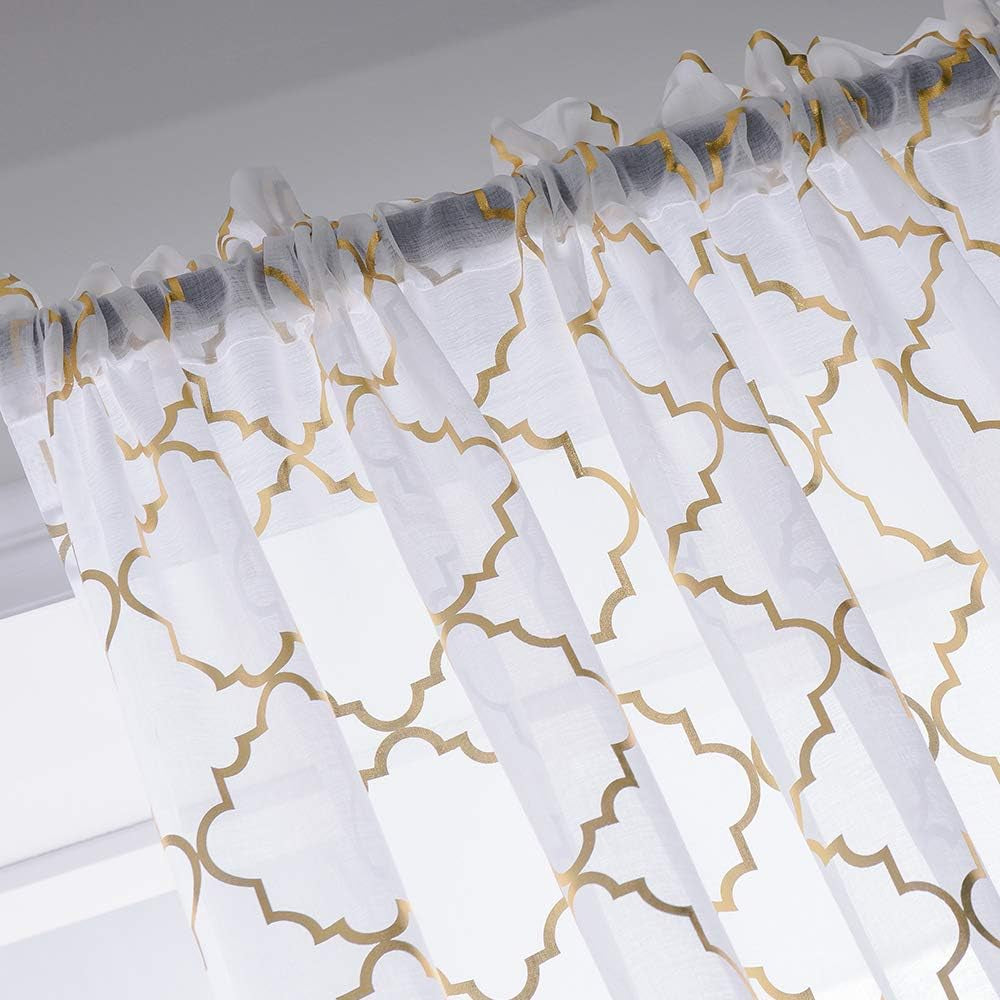 Sheer Curtains 63 Inch Length Metallic Gold and White Voile Curtains for Bedroom Golden Moroccan Modern Tile Lattice Design 2 Pieces, 52X63 Inch