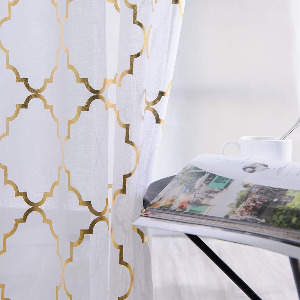 Sheer Curtains 63 Inch Length Metallic Gold and White Voile Curtains for Bedroom Golden Moroccan Modern Tile Lattice Design 2 Pieces, 52X63 Inch