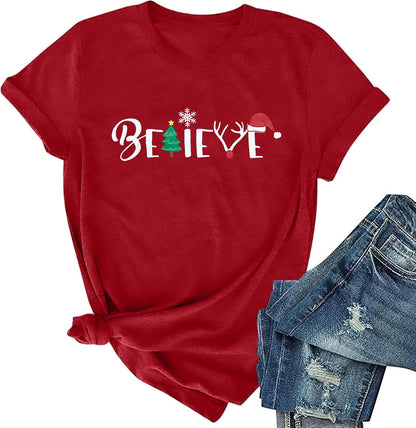 Christmas Shirt for Women Believe Letter Print T Shirts Xmas Holiday Short Sleeve Pullover Tops Christmas Vacation Tee Shirts