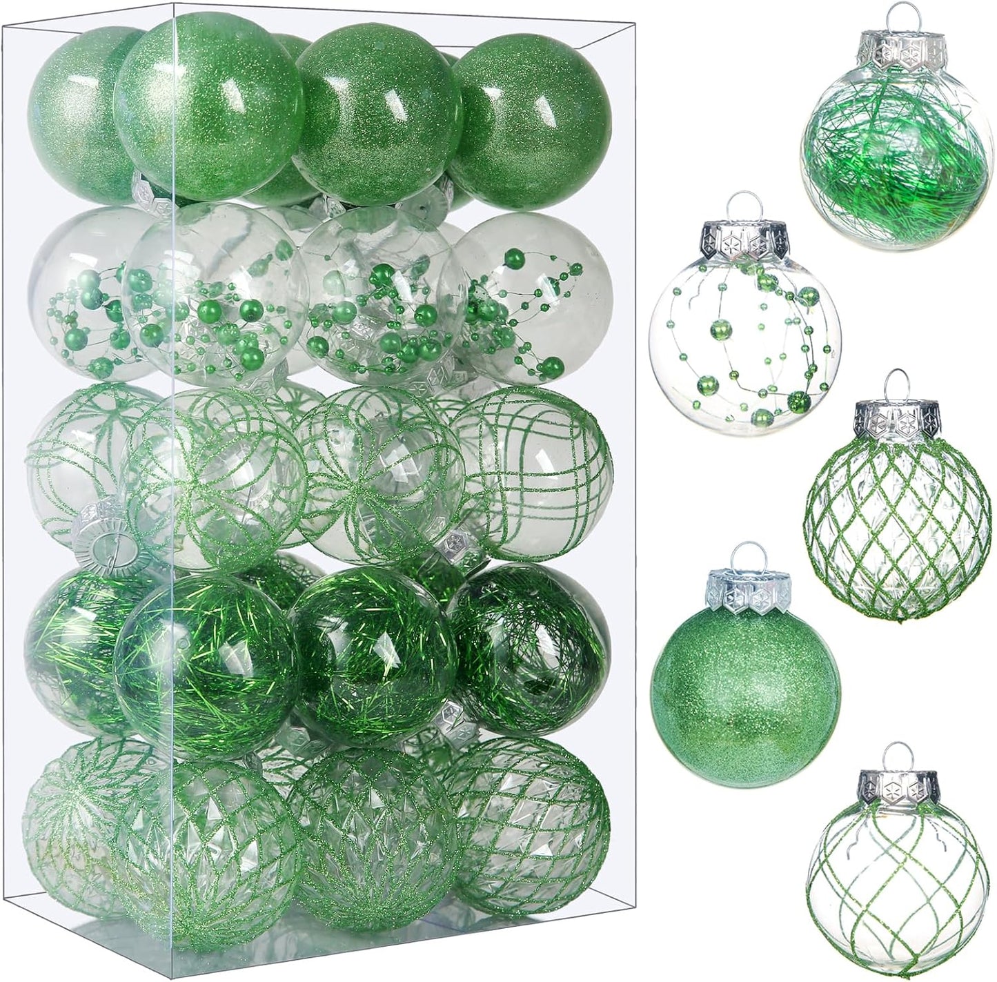 Clear Christmas Ball Ornaments, 30Ct Shatterproof Xmas Ball Decorations 2.36 Inch Green Christmas Decorations for Xmas Tree Hanging Decorative Pet Christmas Baubles Set for Christmas Party