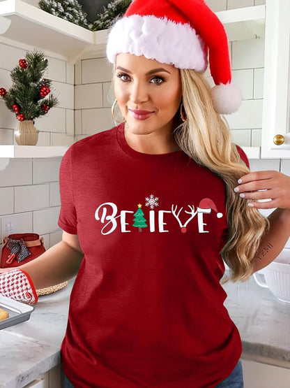 Christmas Shirt for Women Believe Letter Print T Shirts Xmas Holiday Short Sleeve Pullover Tops Christmas Vacation Tee Shirts