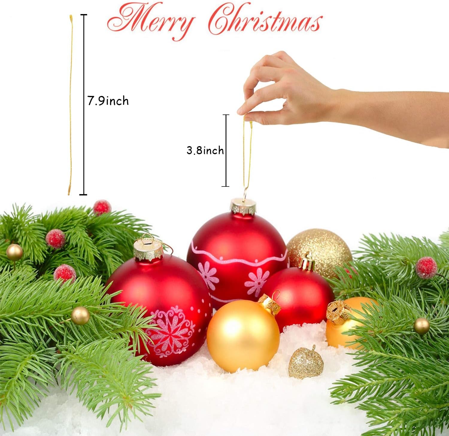 200Pcs Christmas Ornaments String Hanger Gold Precut Ribbon Hook for Christmas Tree Ornament Decorations with Snap Fastener