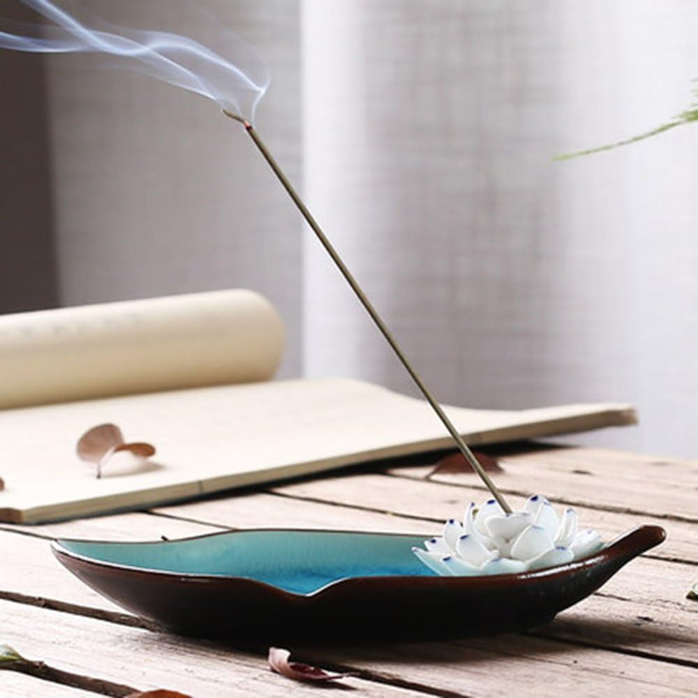 Incense Holder for Sticks-Ceramic Decorative Lotus Incense Burner Leaf-Incense Ash Catcher Tray Sky Blue