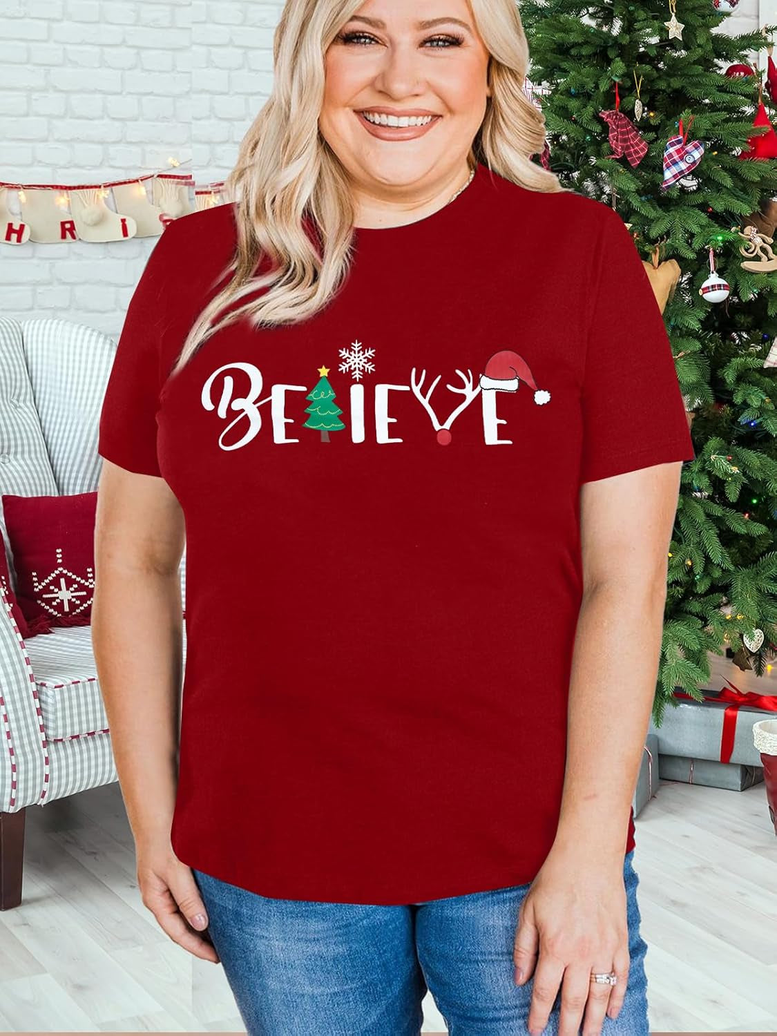 Christmas Shirt for Women Believe Letter Print T Shirts Xmas Holiday Short Sleeve Pullover Tops Christmas Vacation Tee Shirts