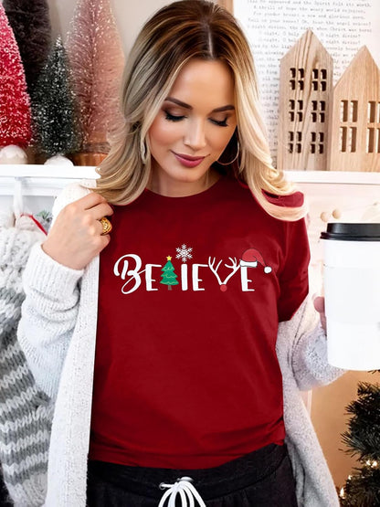 Christmas Shirt for Women Believe Letter Print T Shirts Xmas Holiday Short Sleeve Pullover Tops Christmas Vacation Tee Shirts