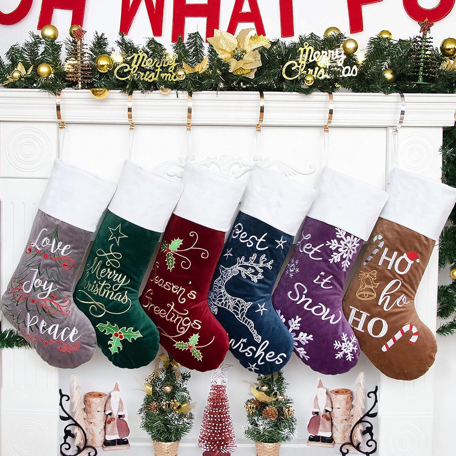 Christmas Stockings 6 Pack for Family 22" Large Quilted Lining Embroidery Classic Luxury Velvet Red Green Purple Blue Grey Brown Hanging Ornament Decorations for Fireplace Xmas Season (Set of 6)