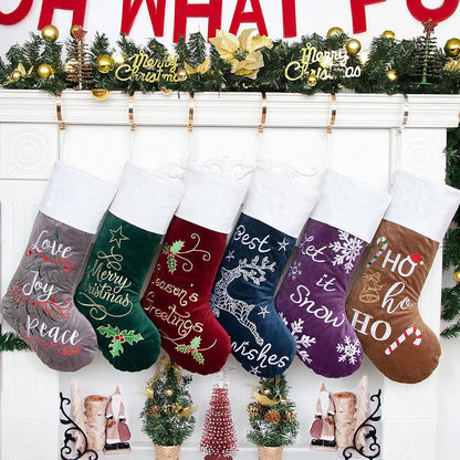 Christmas Stockings 6 Pack for Family 22" Large Quilted Lining Embroidery Classic Luxury Velvet Red Green Purple Blue Grey Brown Hanging Ornament Decorations for Fireplace Xmas Season (Set of 6)