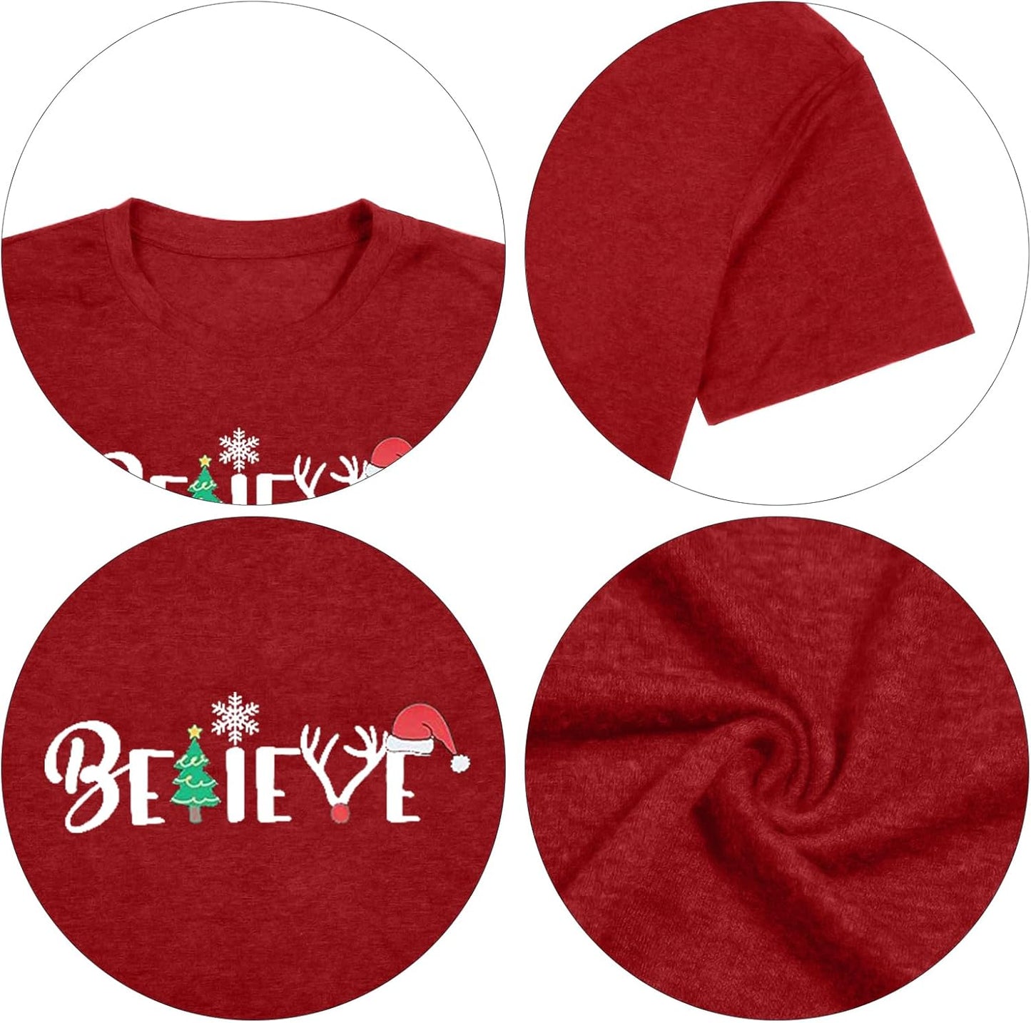 Christmas Shirt for Women Believe Letter Print T Shirts Xmas Holiday Short Sleeve Pullover Tops Christmas Vacation Tee Shirts