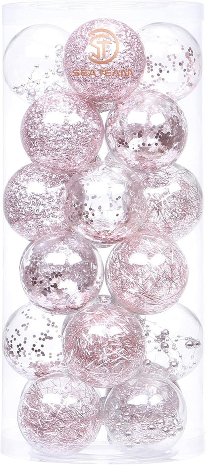 Shatterproof Clear Plastic Christmas Ball Ornaments Decorative Xmas Balls Baubles Set with Stuffed Delicate Decorations (70Mm/2.76 Inch 24-Pack, Pinkish Gold)