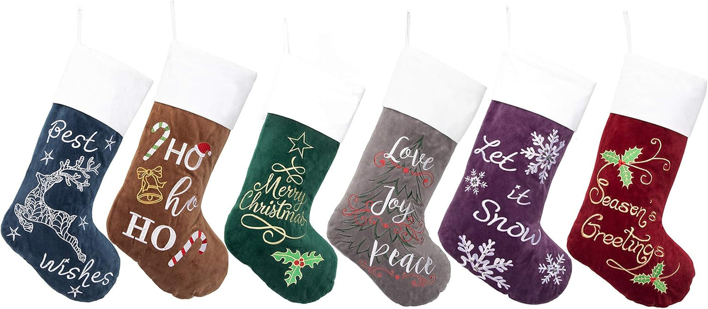 Christmas Stockings 6 Pack for Family 22" Large Quilted Lining Embroidery Classic Luxury Velvet Red Green Purple Blue Grey Brown Hanging Ornament Decorations for Fireplace Xmas Season (Set of 6)