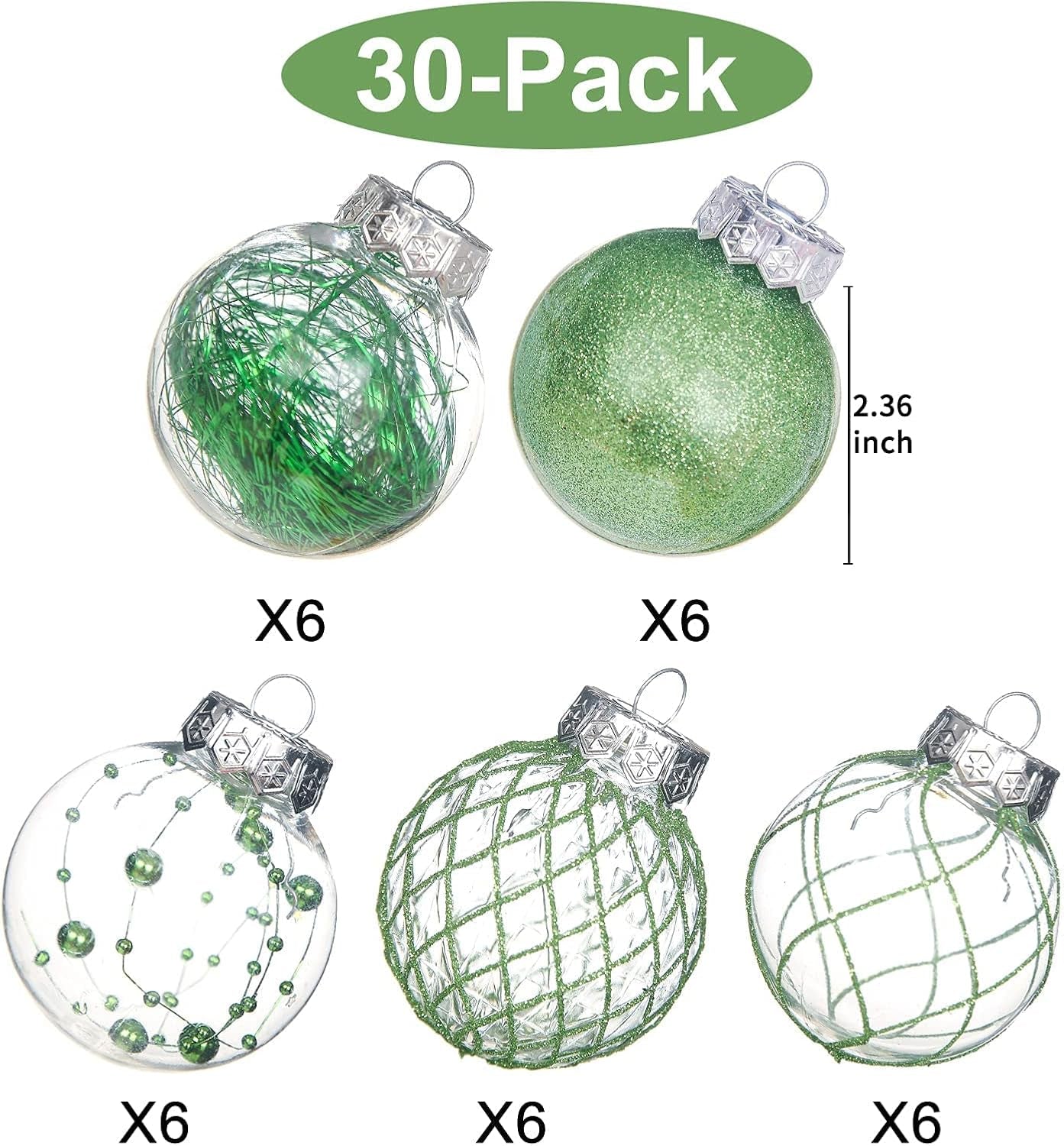 Clear Christmas Ball Ornaments, 30Ct Shatterproof Xmas Ball Decorations 2.36 Inch Green Christmas Decorations for Xmas Tree Hanging Decorative Pet Christmas Baubles Set for Christmas Party