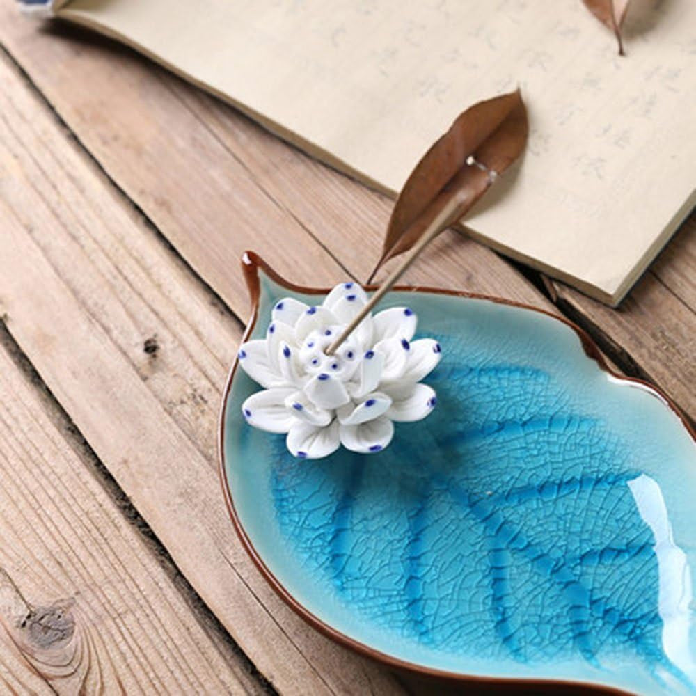 Incense Holder for Sticks-Ceramic Decorative Lotus Incense Burner Leaf-Incense Ash Catcher Tray Sky Blue