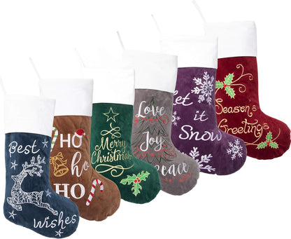 Christmas Stockings 6 Pack for Family 22" Large Quilted Lining Embroidery Classic Luxury Velvet Red Green Purple Blue Grey Brown Hanging Ornament Decorations for Fireplace Xmas Season (Set of 6)