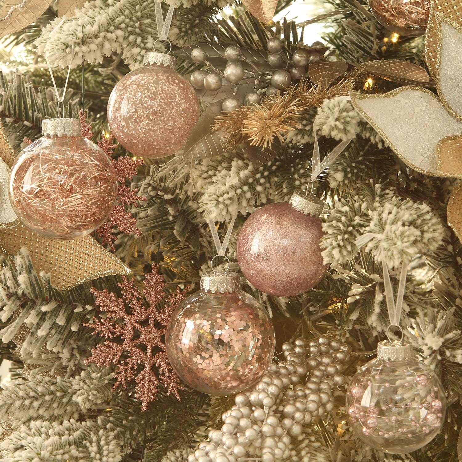 Shatterproof Clear Plastic Christmas Ball Ornaments Decorative Xmas Balls Baubles Set with Stuffed Delicate Decorations (70Mm/2.76 Inch 24-Pack, Pinkish Gold)