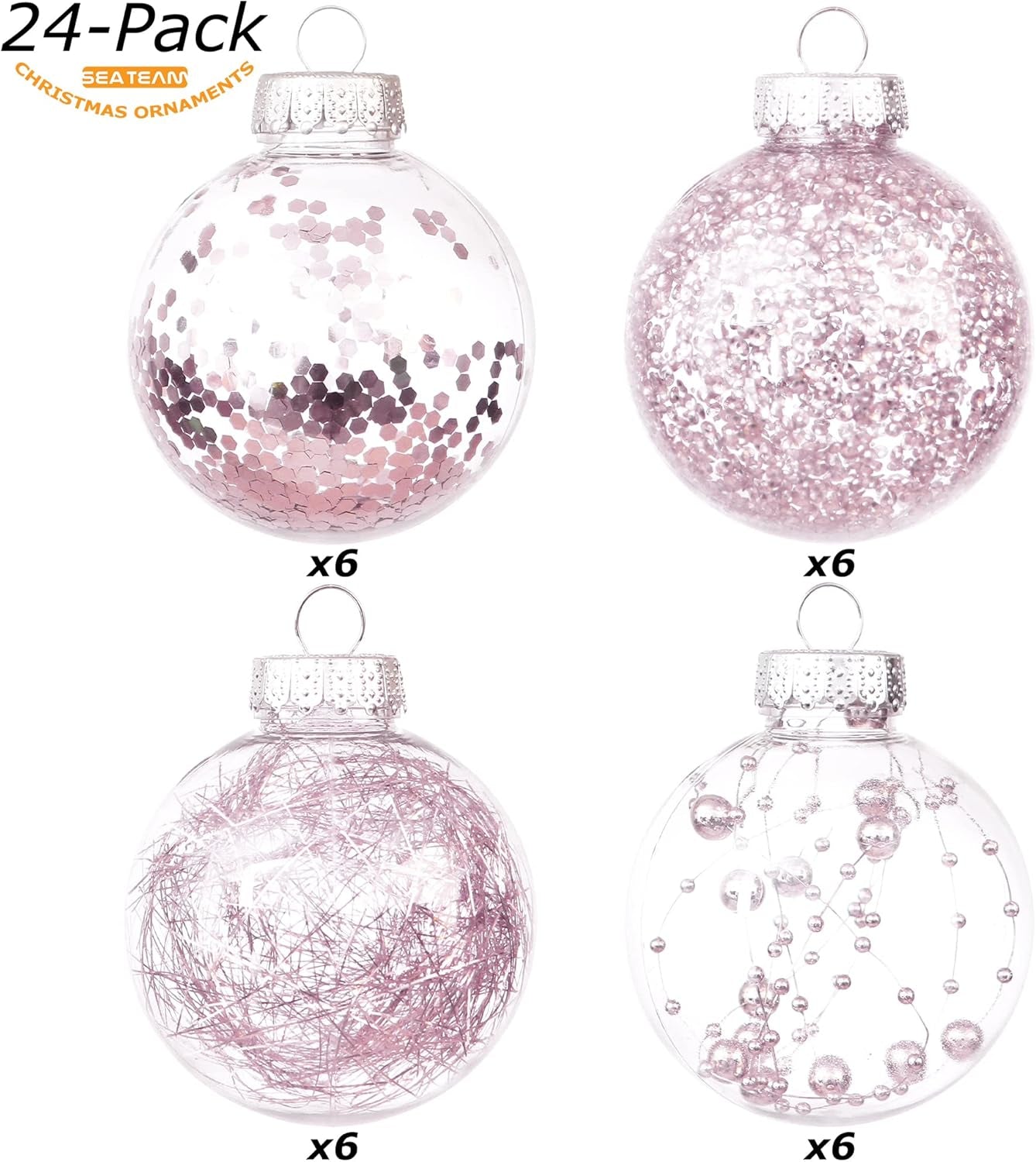 Shatterproof Clear Plastic Christmas Ball Ornaments Decorative Xmas Balls Baubles Set with Stuffed Delicate Decorations (70Mm/2.76 Inch 24-Pack, Pinkish Gold)