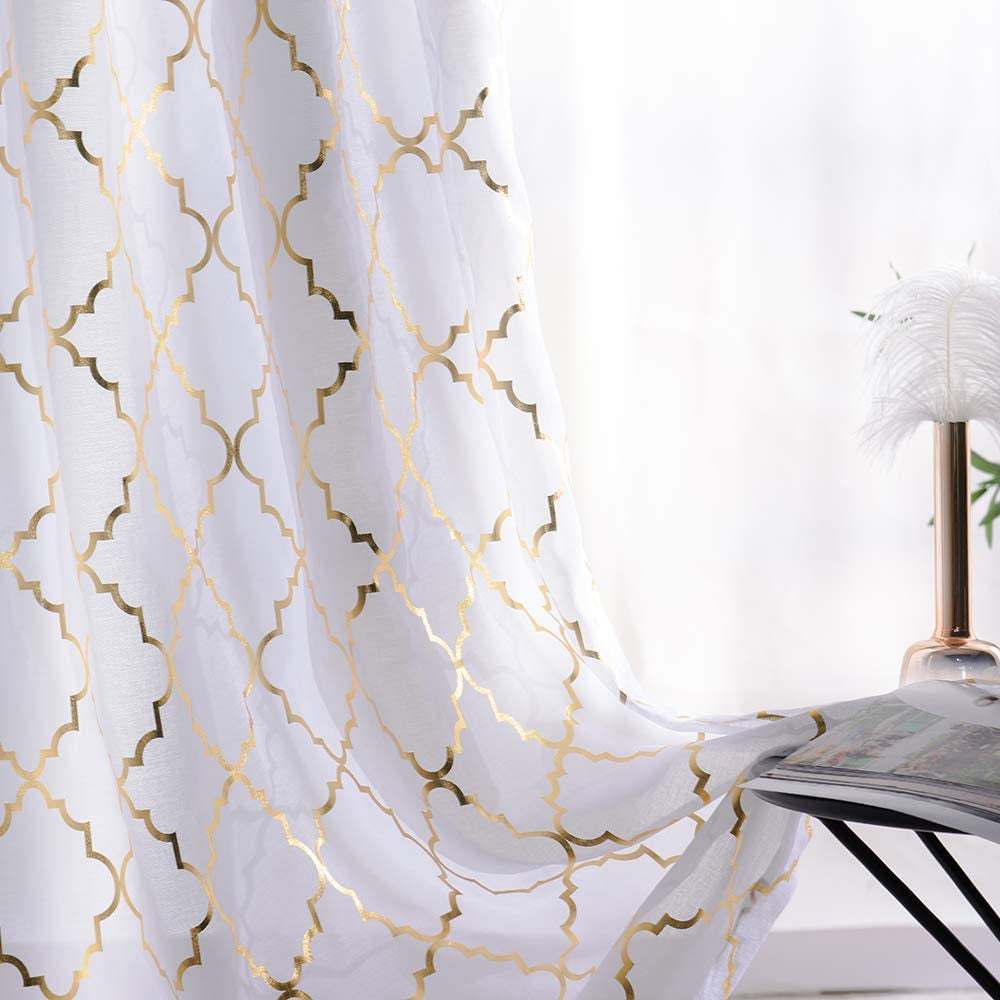 Sheer Curtains 63 Inch Length Metallic Gold and White Voile Curtains for Bedroom Golden Moroccan Modern Tile Lattice Design 2 Pieces, 52X63 Inch